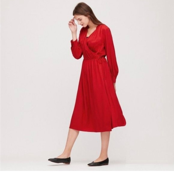 Uniqlo Red Long Sleeve Rayon Wrap Dress / Cover up Sz XXS - Picture 1 of 16